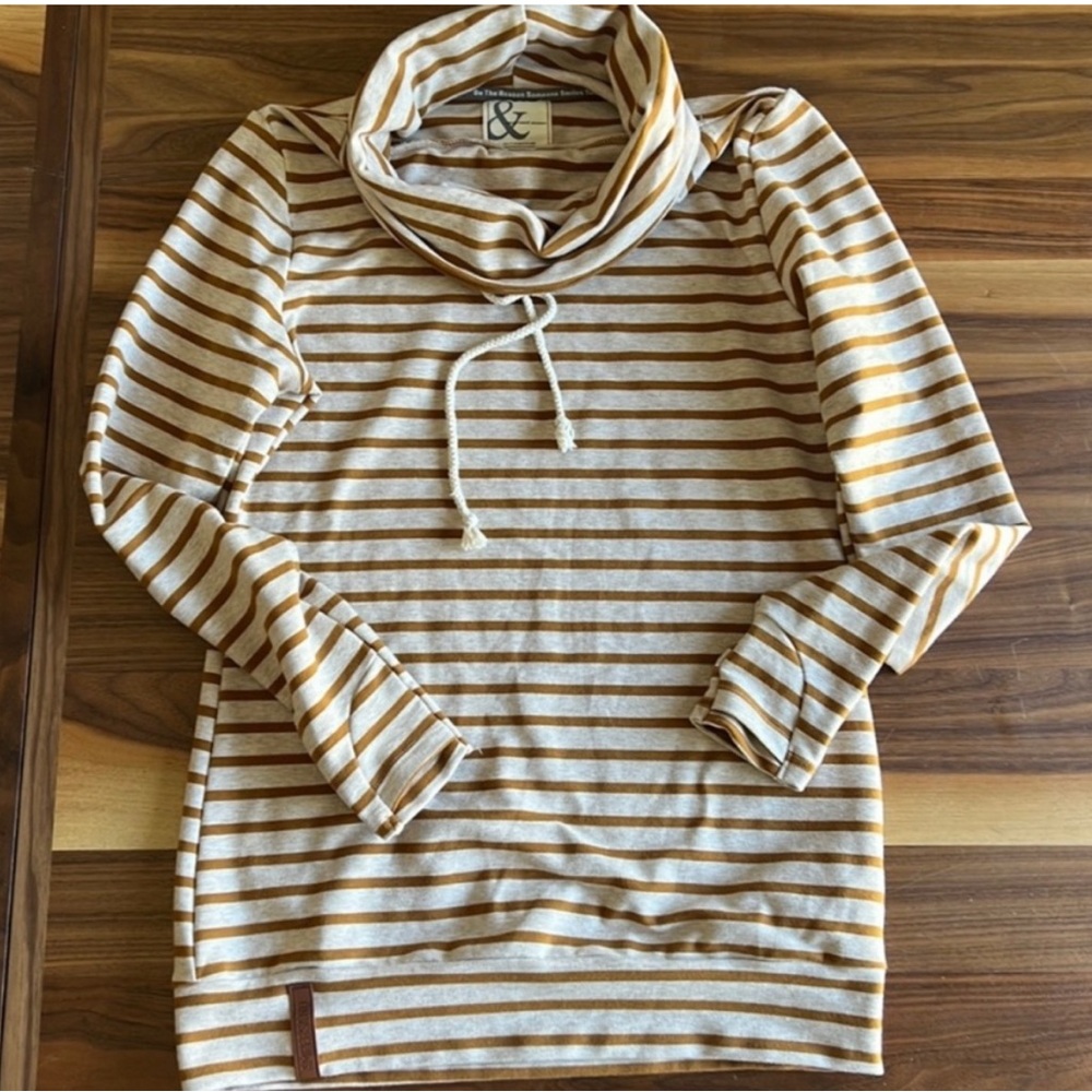 Ampersand Avenue cowl neck, cream and brown stripes